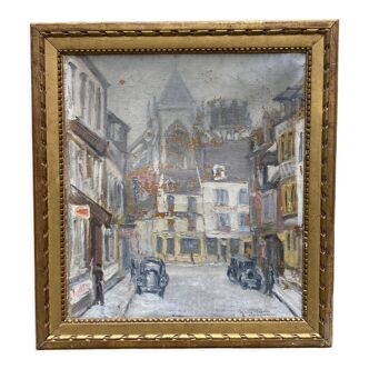 Tableau église, rue, commerces et automobiles à Beauvais