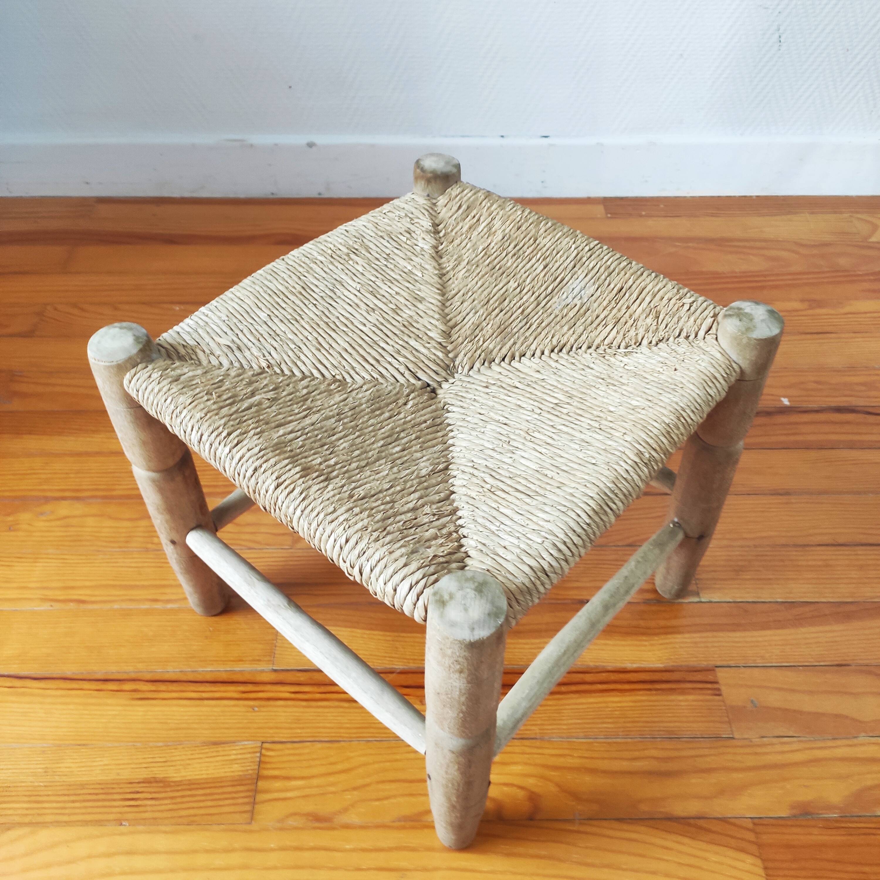 Vintage low stool 60s straw seat