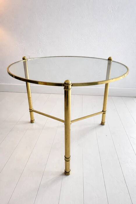 French brass and glass round cocktail table in the style of Maison Baguès