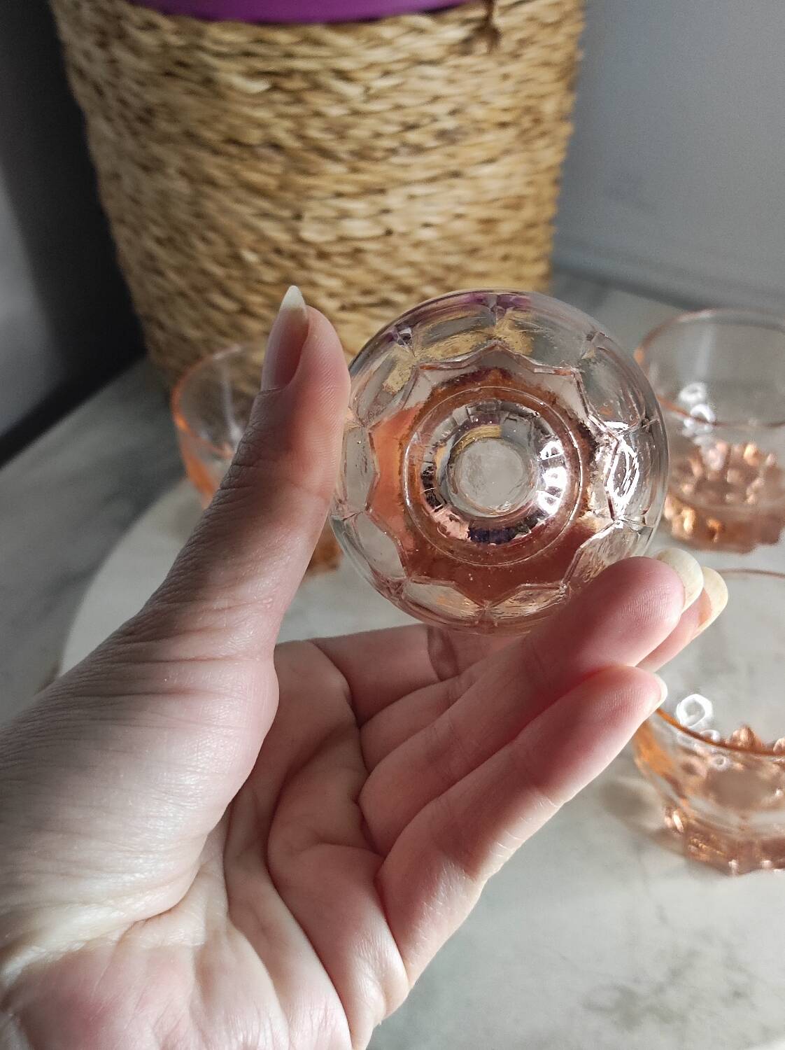 Pink glass liqueur cups from the 1940s