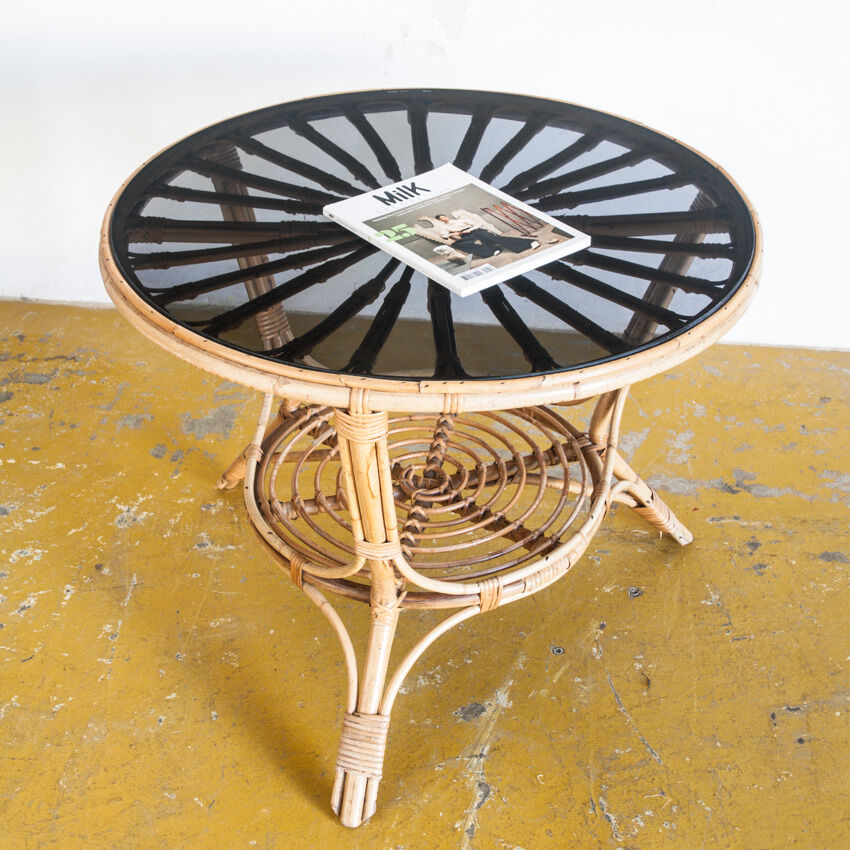 Vintage side table in rattan and smoked glass, France 1970
