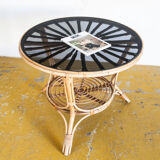 Vintage side table in rattan and smoked glass, France 1970