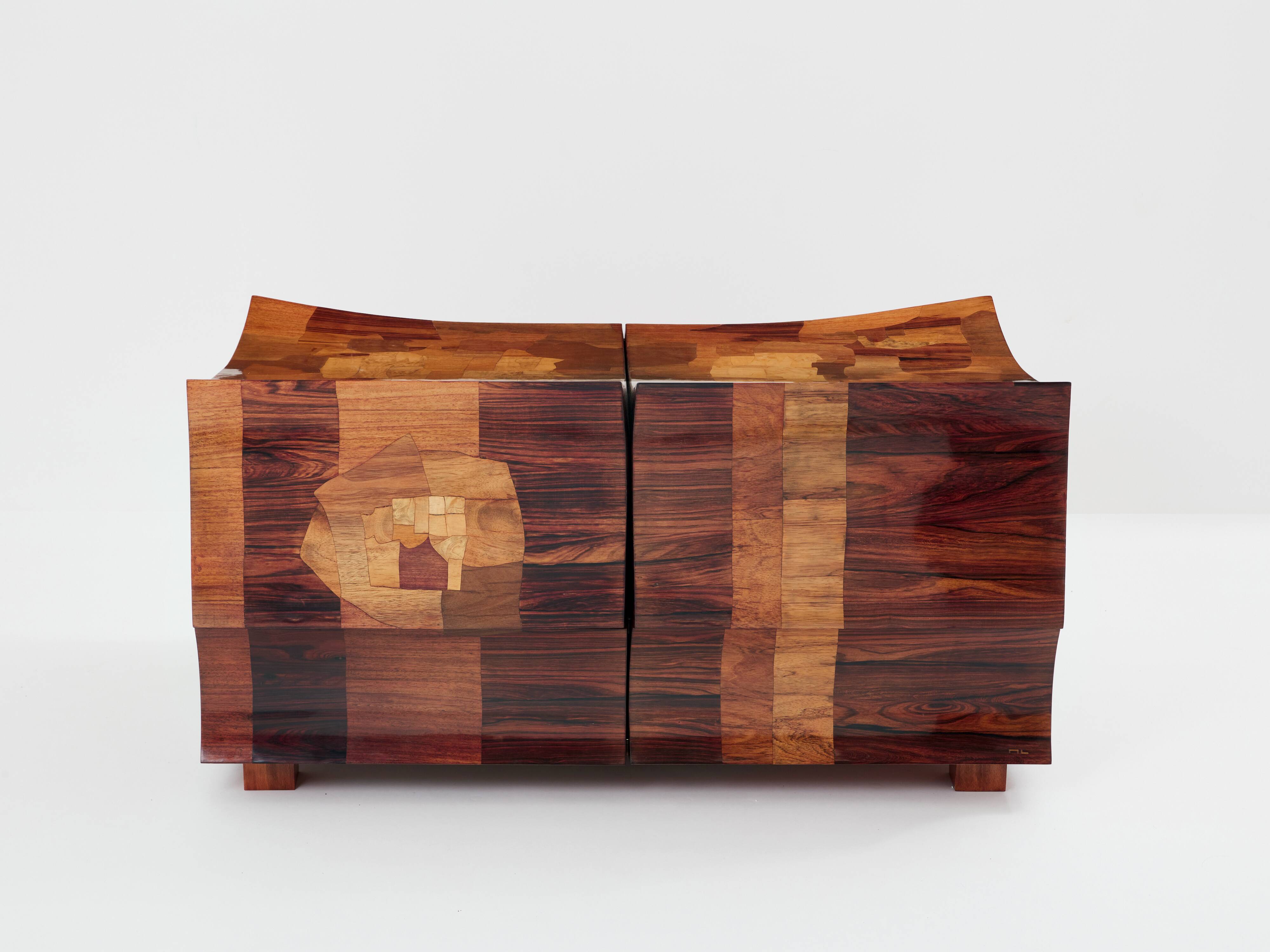 Bar chest in wood and brass marquetry signed Michel Lefèvre 1960