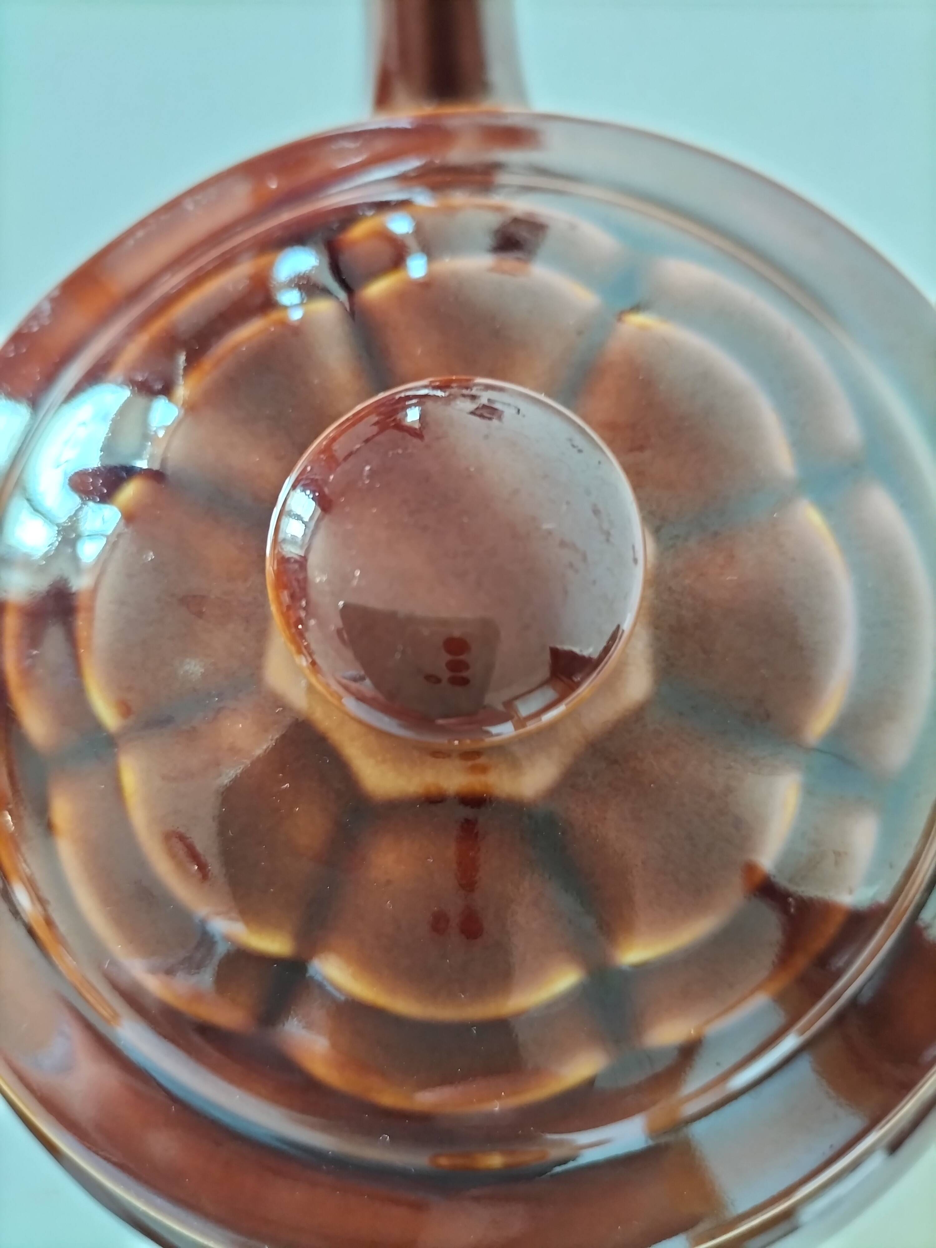 Vintage brown glazed earthenware teapot, mid-century sculptural decor.