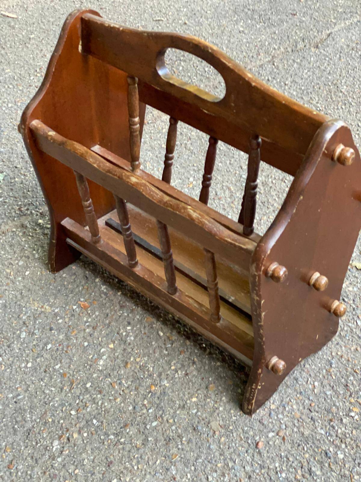 Vintage magazine rack, solid wood document holder with handle
