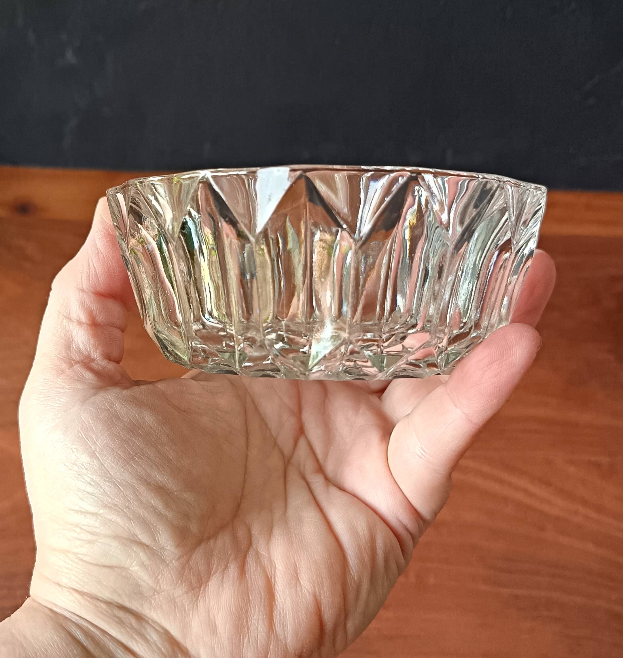 Transparent glass dessert service, vintage salad bowl France.