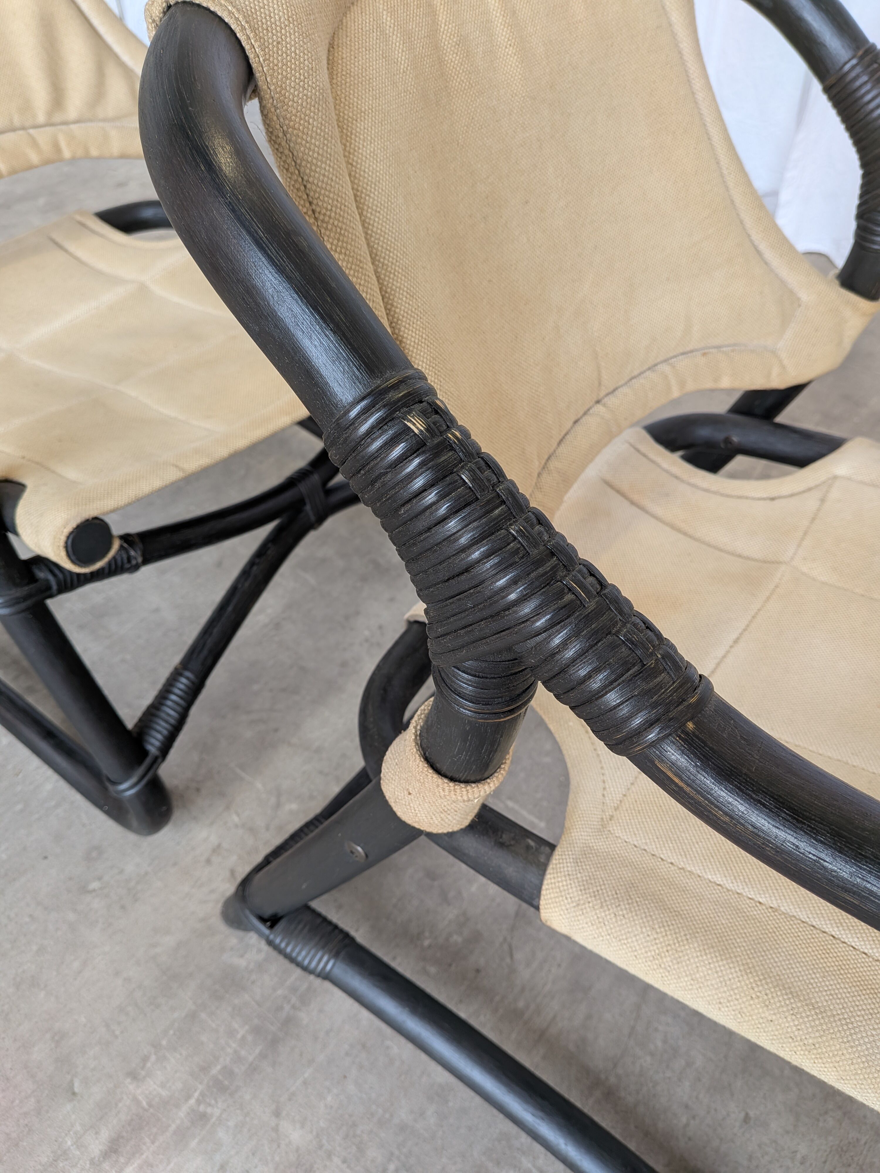 2 Vintage Espri Safari Lounge Armchairs / Rare Mid-century Black Bamboo and Beige Fabric Easy C