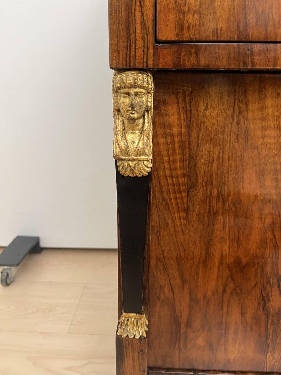 Biedermeier Chest in Walnut Veneer, Cherry, Gold Leaf & Brass, Austria, 1815