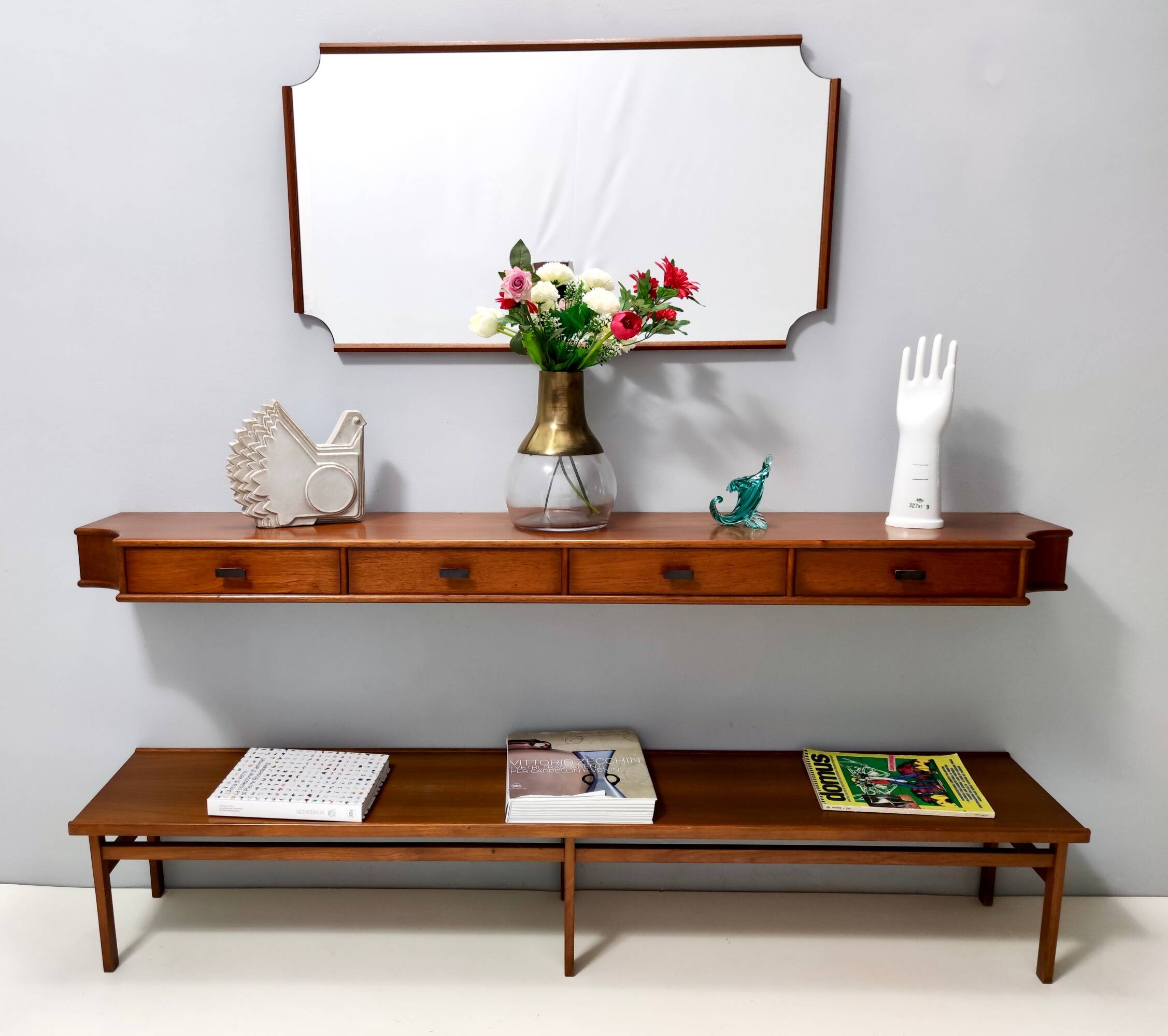 Entryway Set of Wall Mirror, Walnut Console and Bench by Brugnoli, Italy