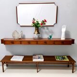 Entryway Set of Wall Mirror, Walnut Console and Bench by Brugnoli, Italy