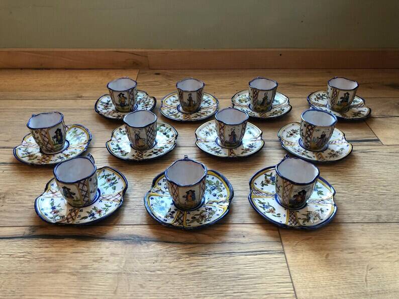 Antique Henriot Quimper Faience Coffee Set, Breton Folk Art, 1893-1904