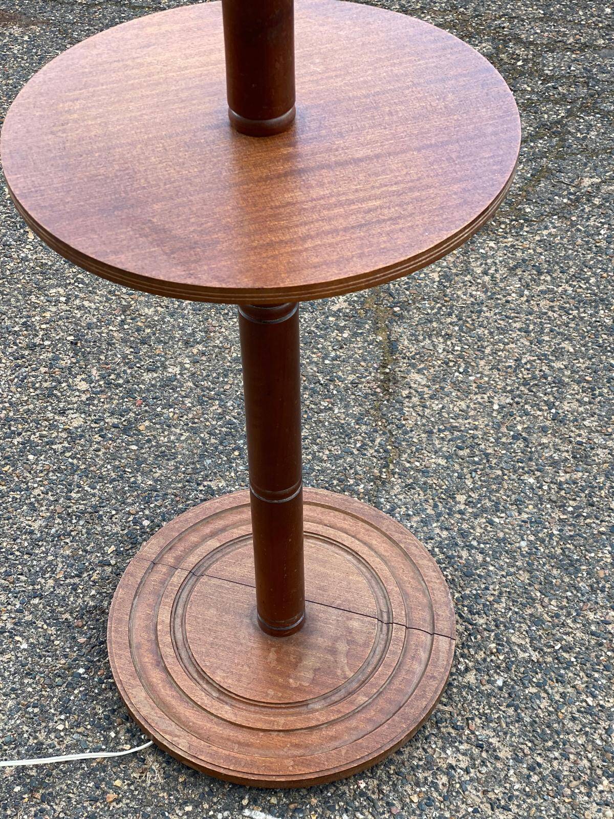 Art Deco floor lamp with wooden shelf and beige lampshade