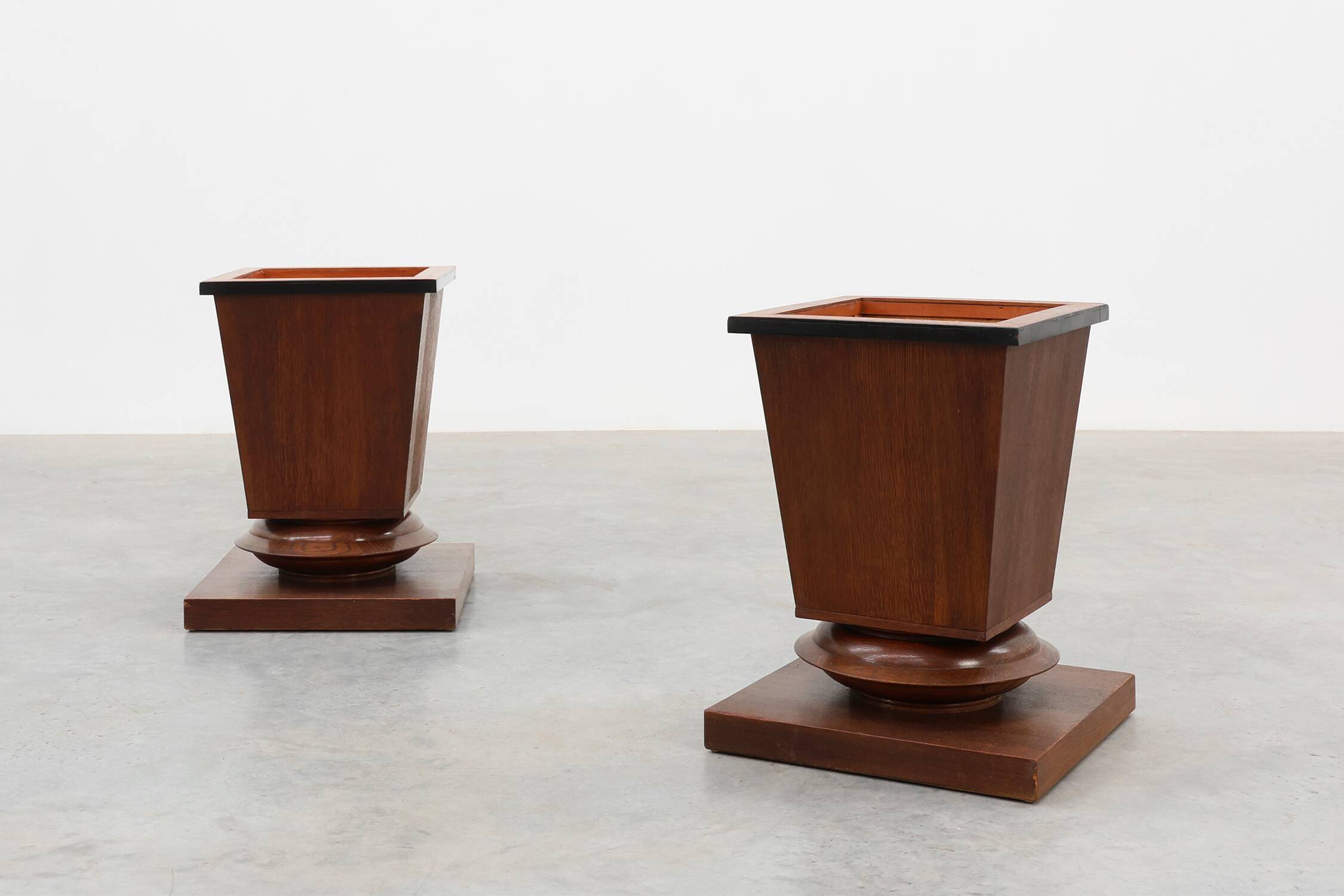 Pair large Art Deco geometric square oak planters, France 1930s