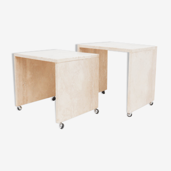 A set of 2 vintage travertine side tables on wheels