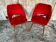 Achille Decommere Chair Pair Red Fur + Vintage Wooden Compass Legs