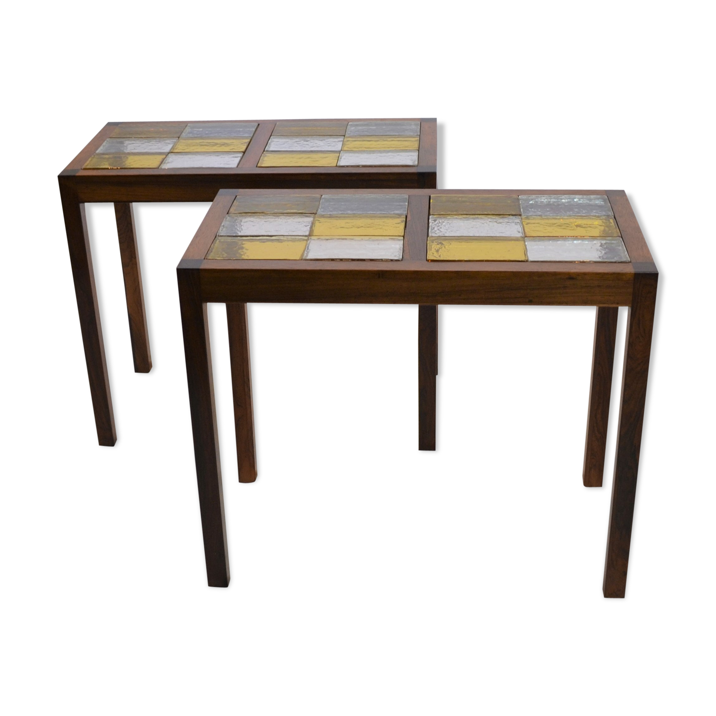 Pair of Scandinavian coffee tables in rosewood and glass tiles