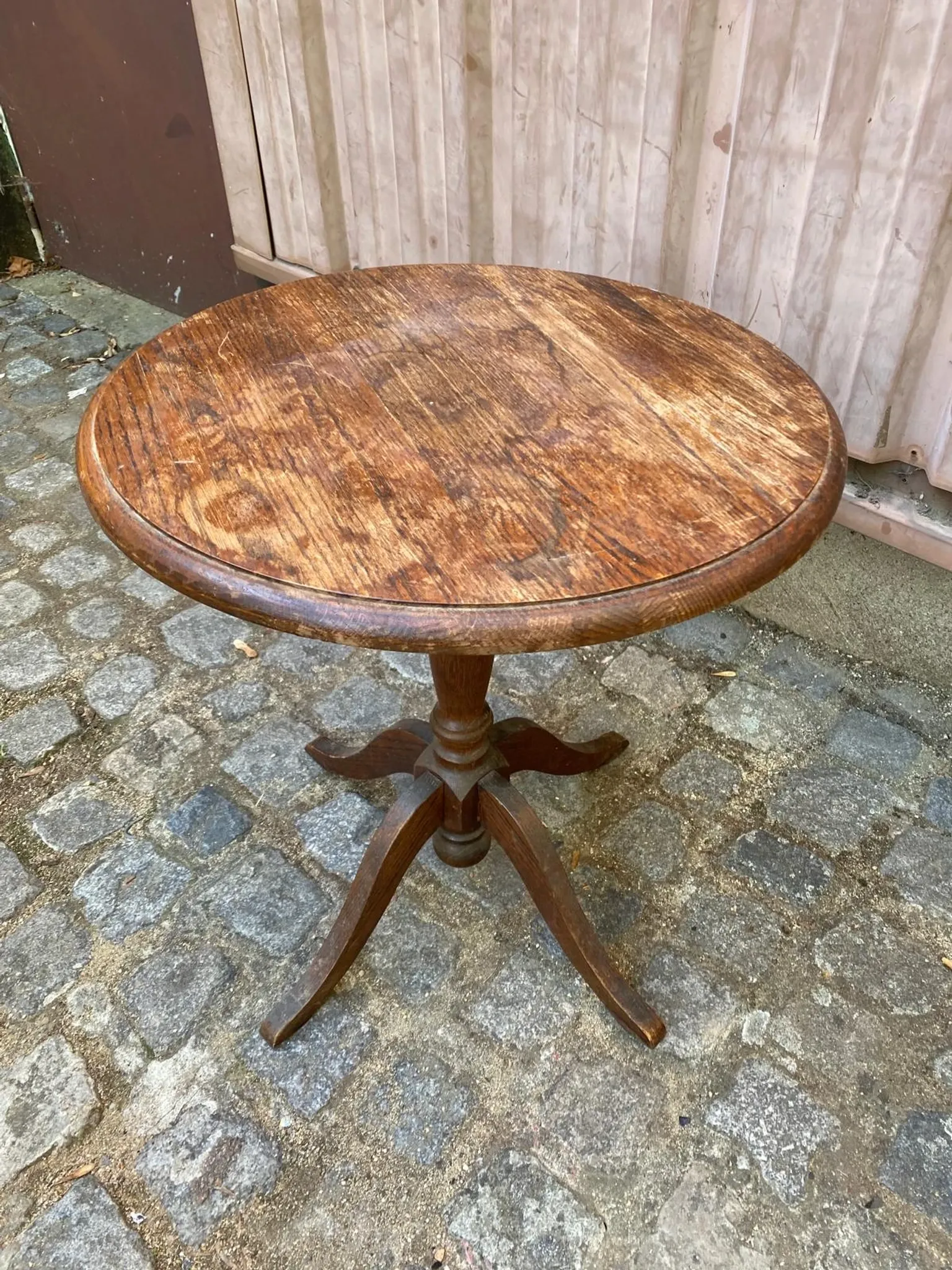 Round Solid Oak Side Table — Vintage Baluster Leg (Bistro Style) 1950