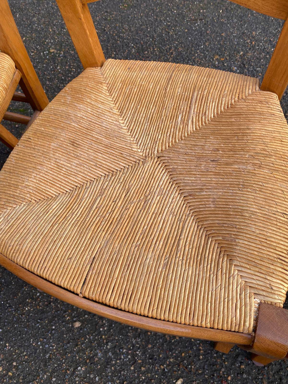 4 solid wood straw-seated Louis Philippe chairs, oak, 20th century.