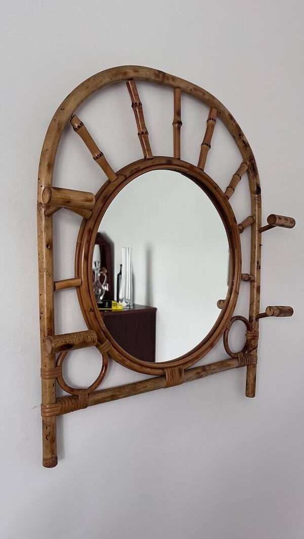 Miroir porte-manteau en bambou années 60