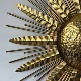 Large golden hammered metal sun wall light with a diameter of 90 cm from the year
