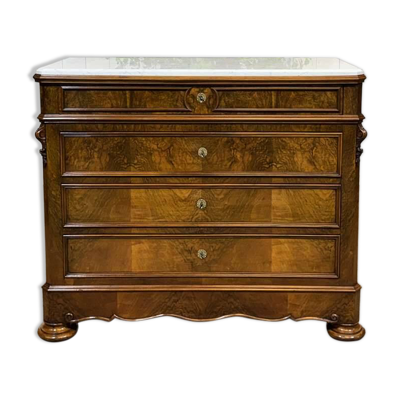 Commode Napoléon III en noyer, sapin et marbre blanc du 19ème siècle