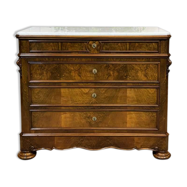 Commode Napoléon III en noyer, sapin et marbre blanc du 19ème siècle