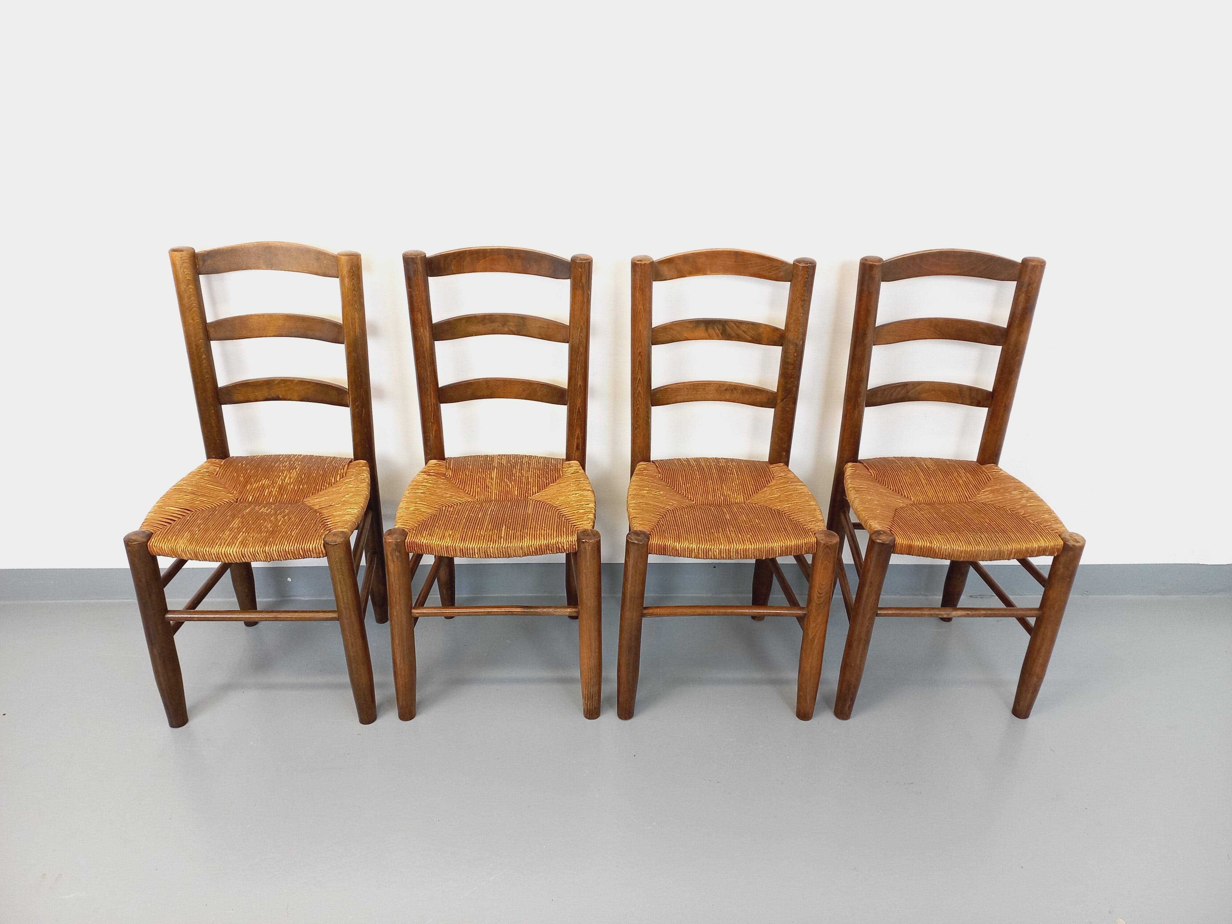 Set of 4 vintage brutalist chairs in wood and straw from the 60s