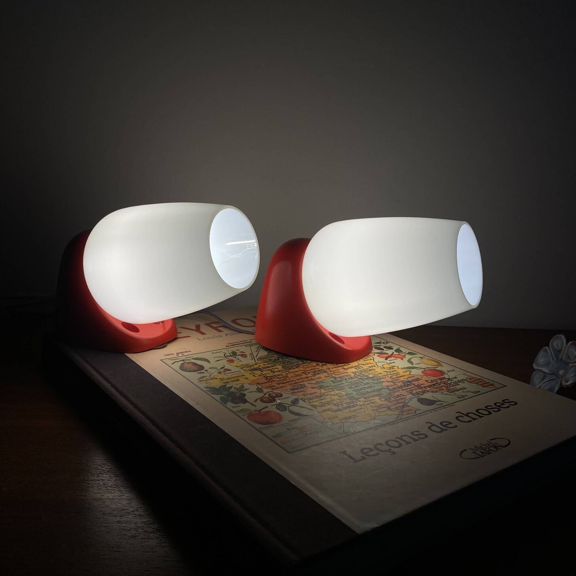Pair of vintage wall lights in plastic and white opaline glass.