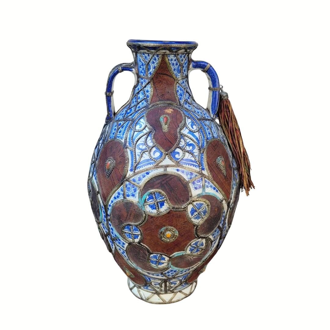 Filigree vase, ceramic, leather, enamel and metal, 19th century - Safi, Morocco
