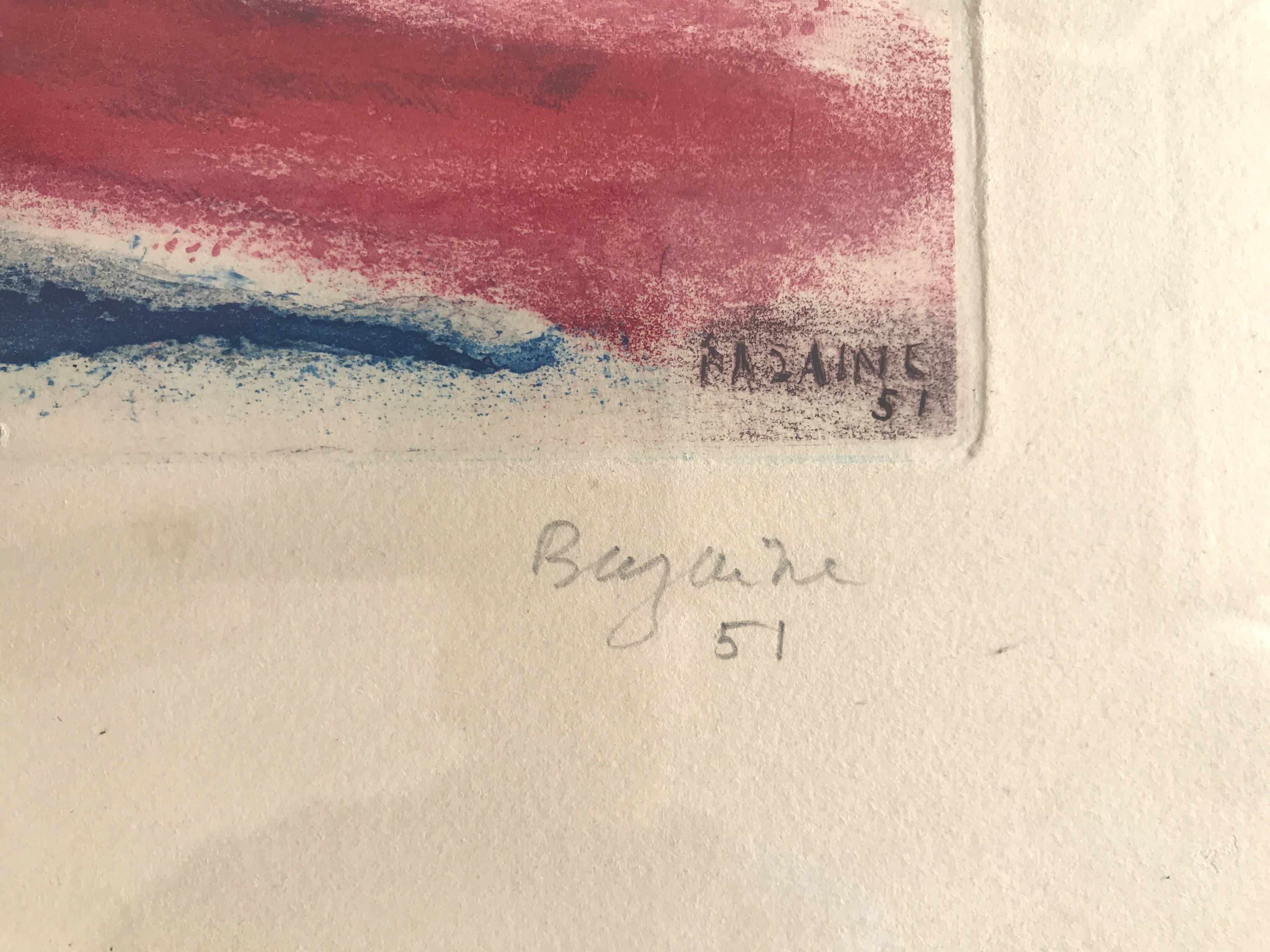 Jean bazaine, the swimmer, 1951. original aquatint signed in pencil