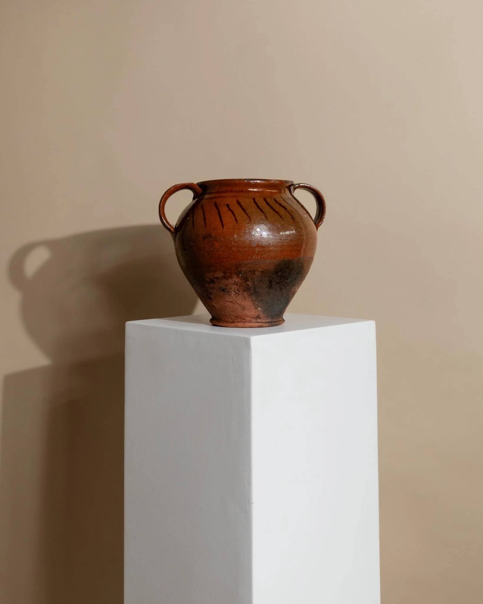 Antique rustic brown terracotta ceramic confit pot with twin handles, 19th-century Italy, farmhouse vase decor