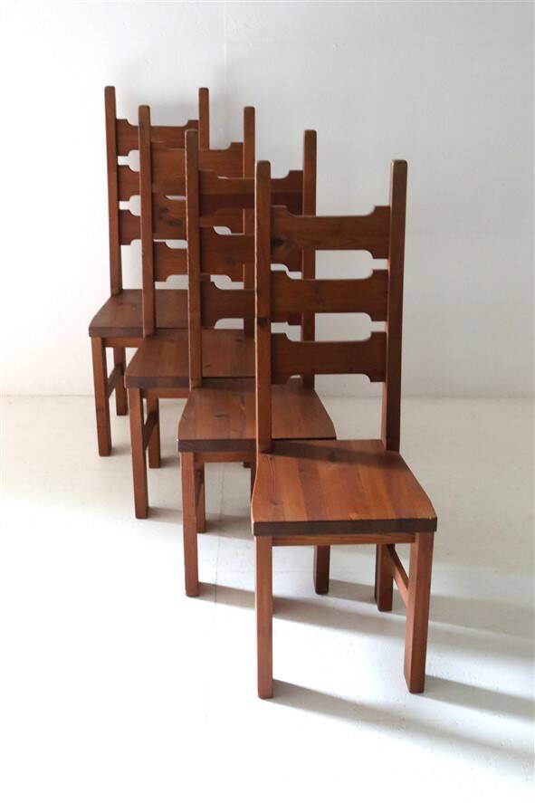 Set of 4 pinewood chairs by Sven Larsson / 1970s / Brutalism / Postmodern design