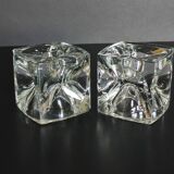 Pair of cubic candlesticks in bohemian crystal