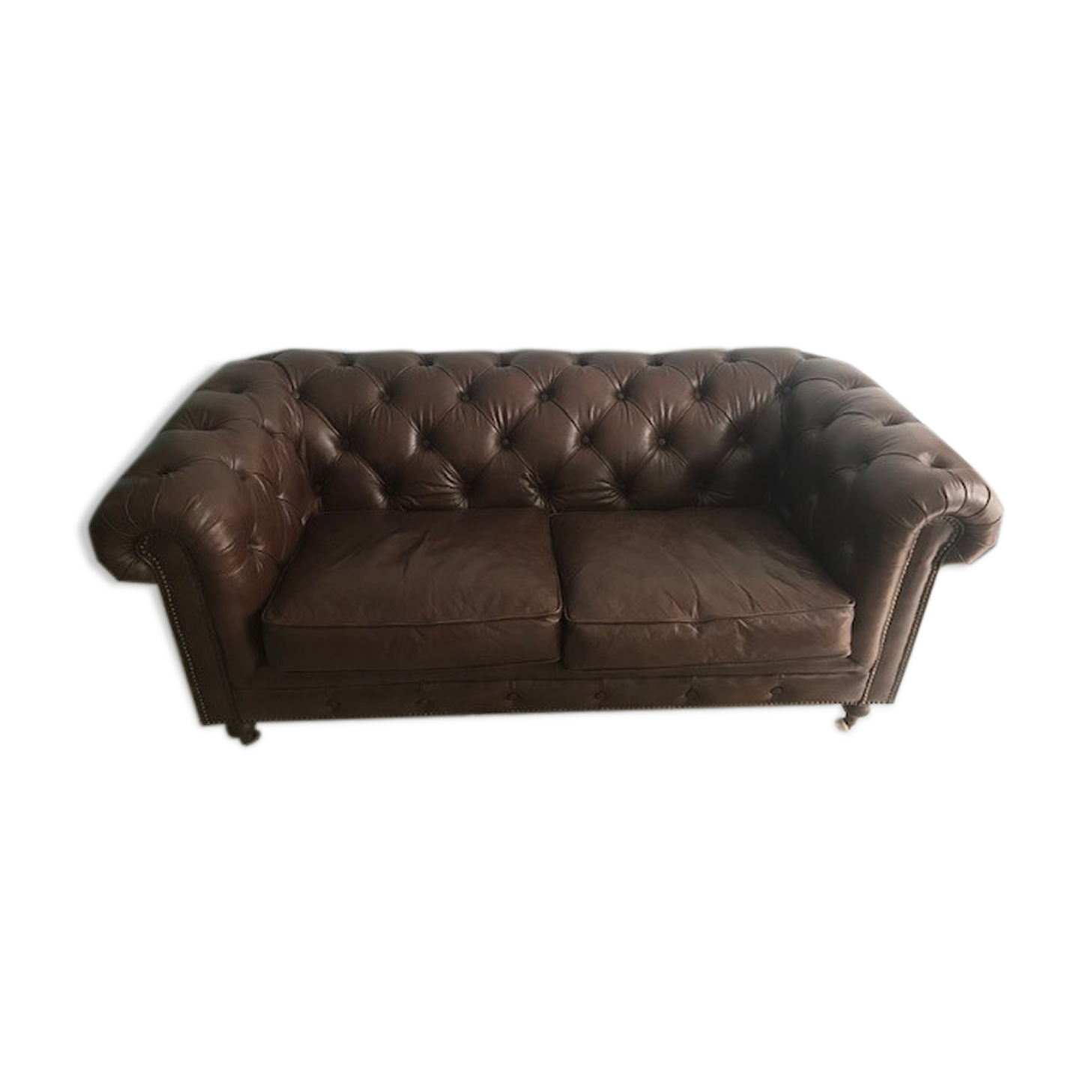 Canape chesterfield brown leather 2 places