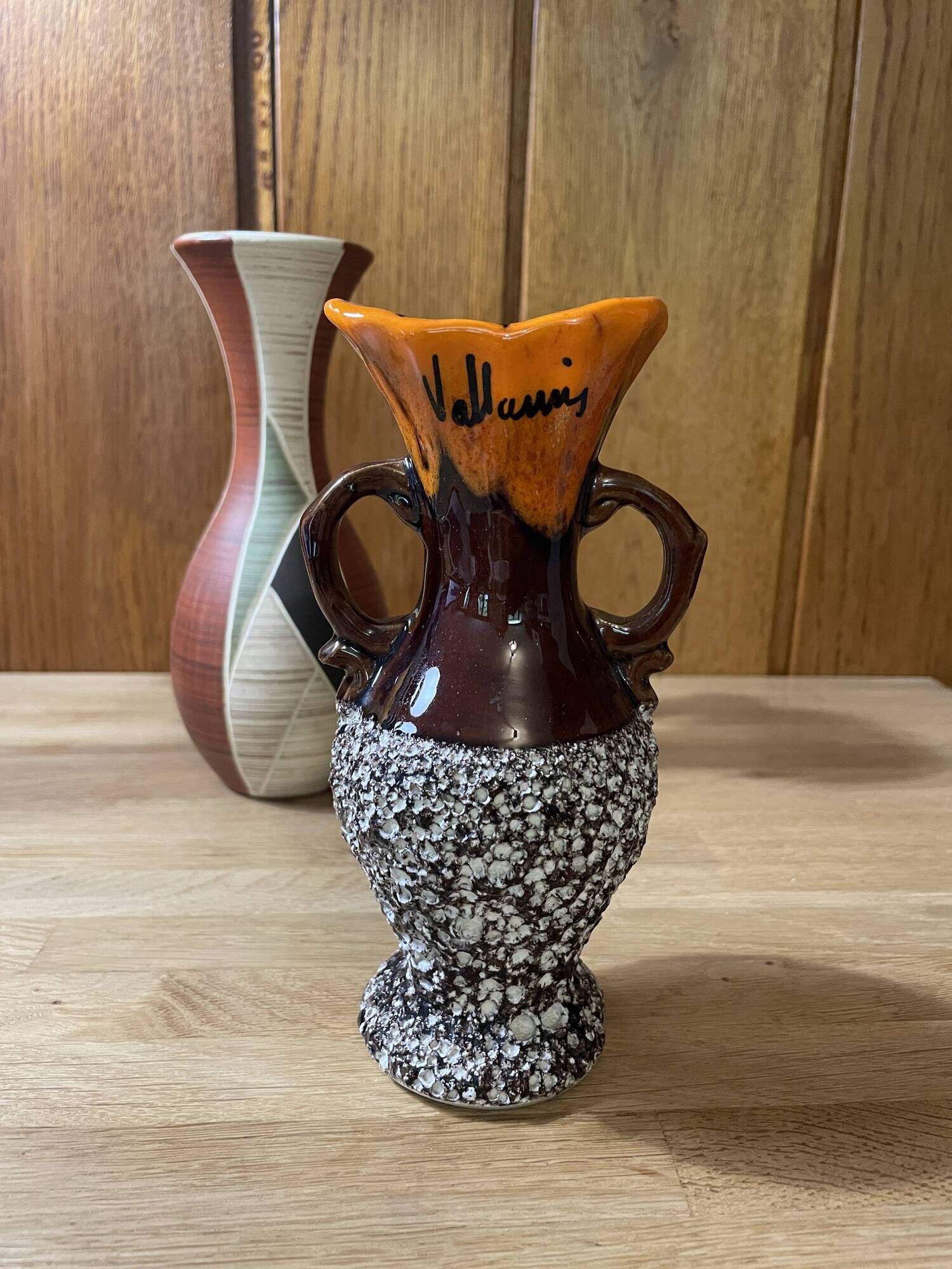 Small Vallauris ceramic vase orange brown and white 70s