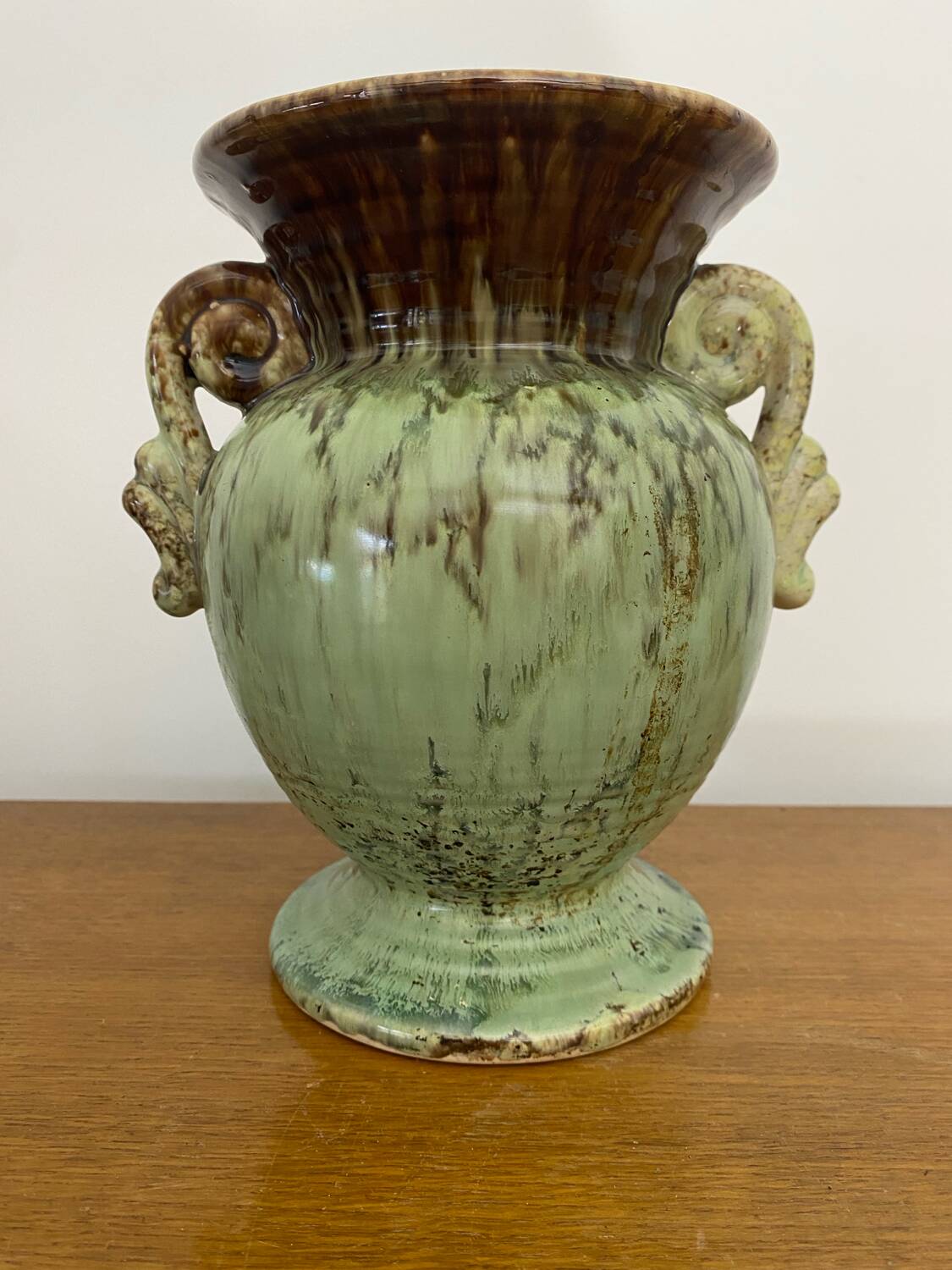 Antique Green Brown Ceramic Baluster Vase Vintage Decoration