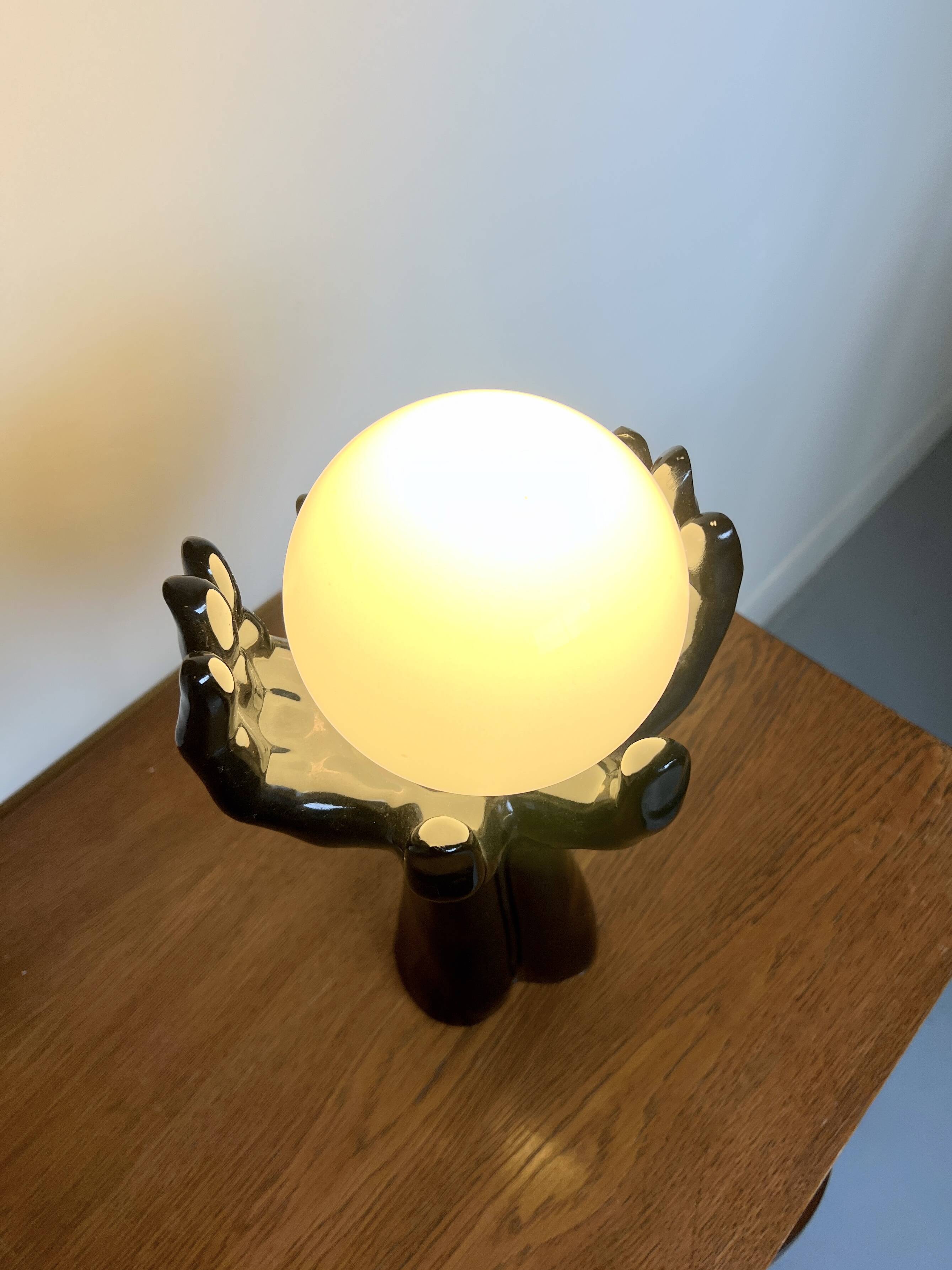 Black Ceramic Lamp with Hands & Opaline Globe – 70s Art Deco Style