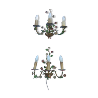 Pair of metal appliques with colorful flowers, circa 1940/50