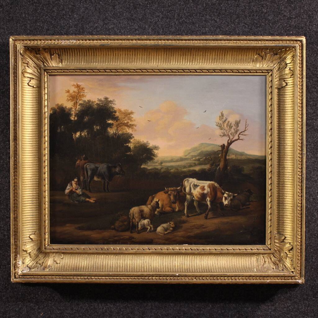 Antique Flemish bucolic landscape painting from the 18th century