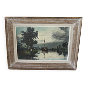 Tableau huile sur bois signé et encadré : bateau sur rivière