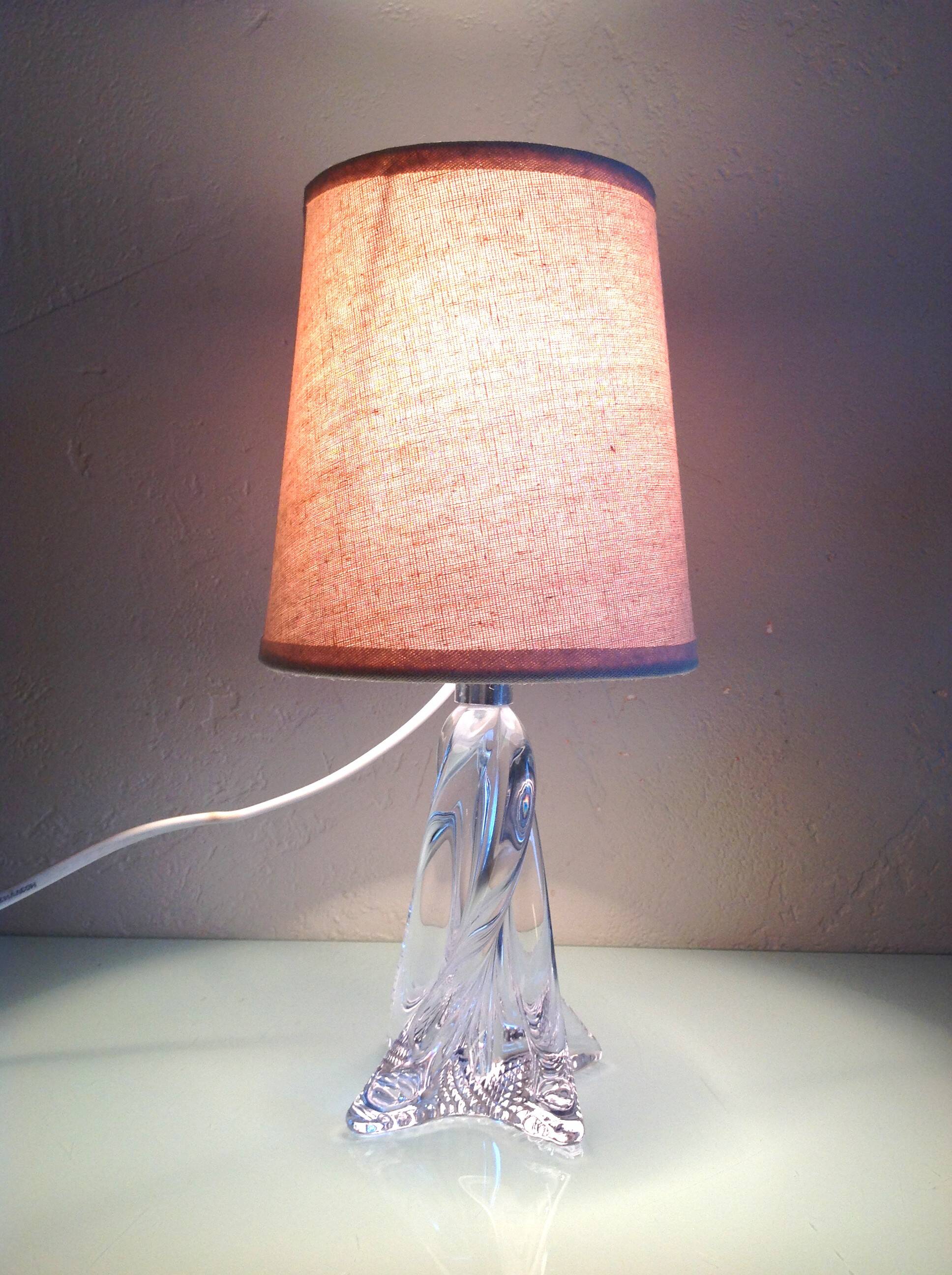 Bedside lamp with glass base and beige fabric lampshade / vintage 60s-70s