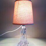 Bedside lamp with glass base and beige fabric lampshade / vintage 60s-70s