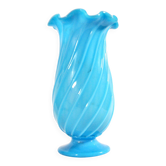 Vallerysthal antique vase in blown turquoise opaline with twisted ribs.