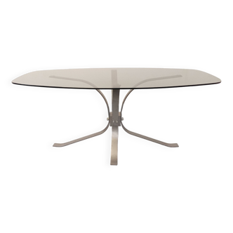Table basse ovale rectangulaire arrondie vintage en verre et métal chromé des années 70