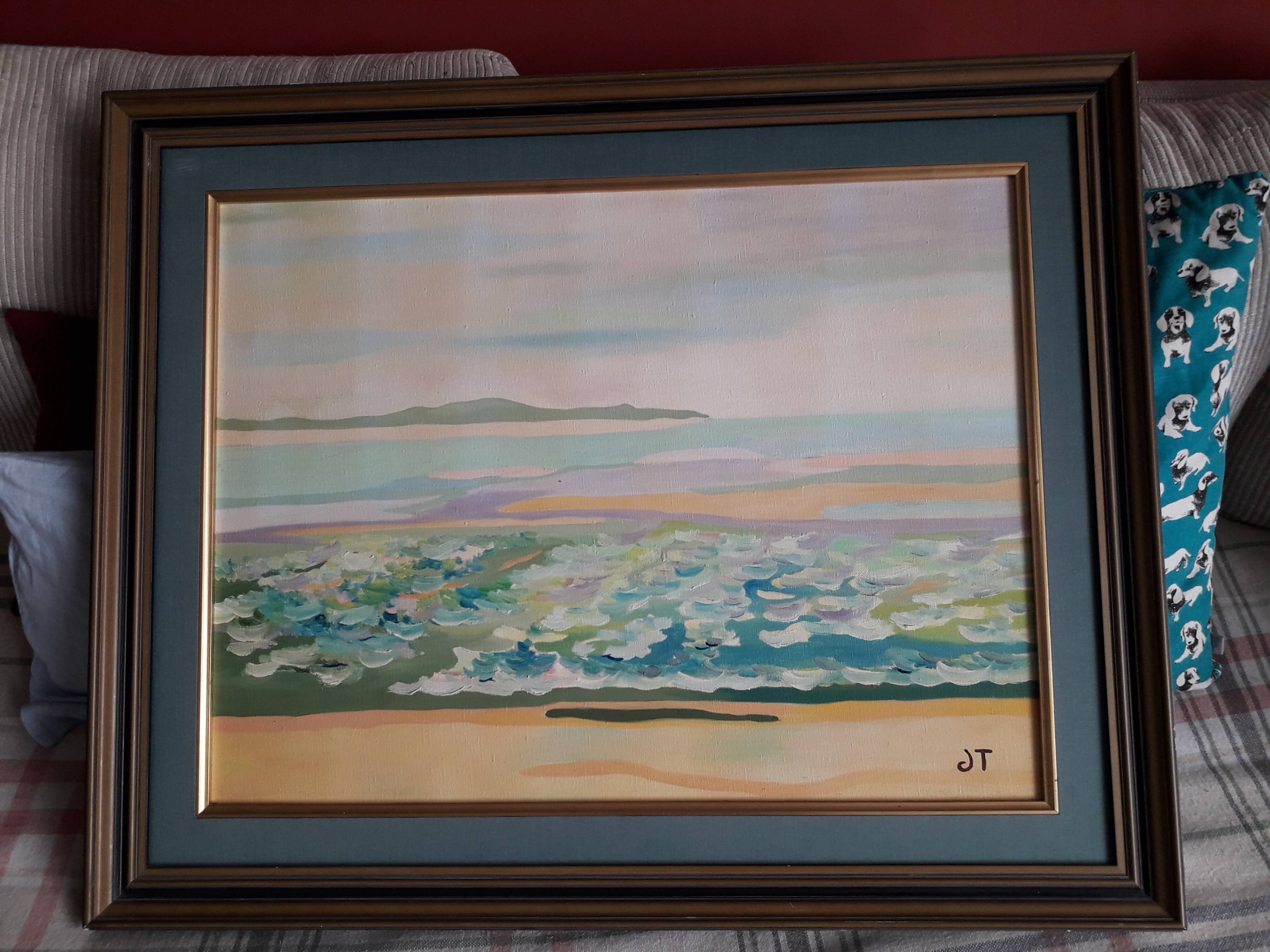 Old painting in oil on canvas depicting a seaside.