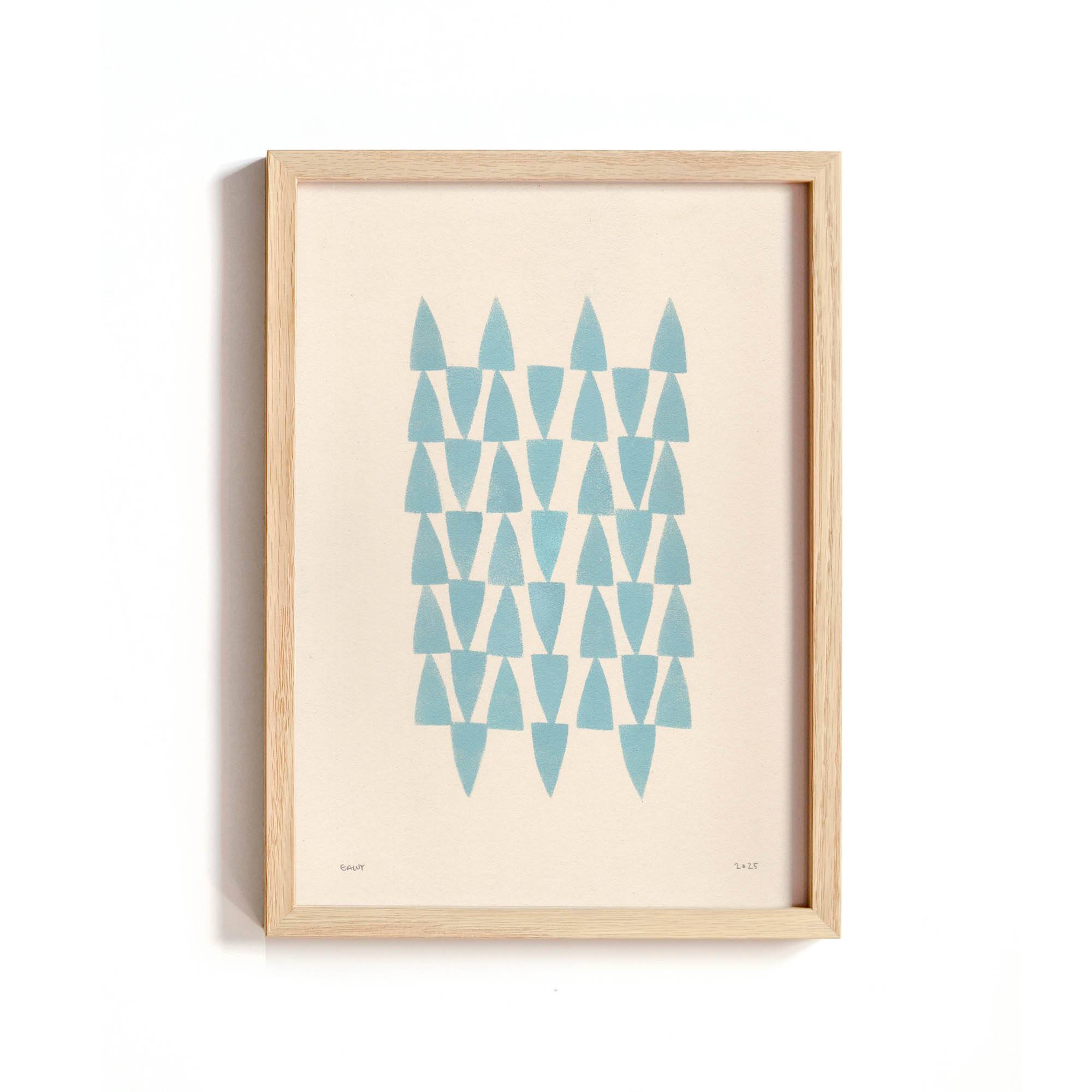 Collection of 12 framed paintings on paper, cool colours.