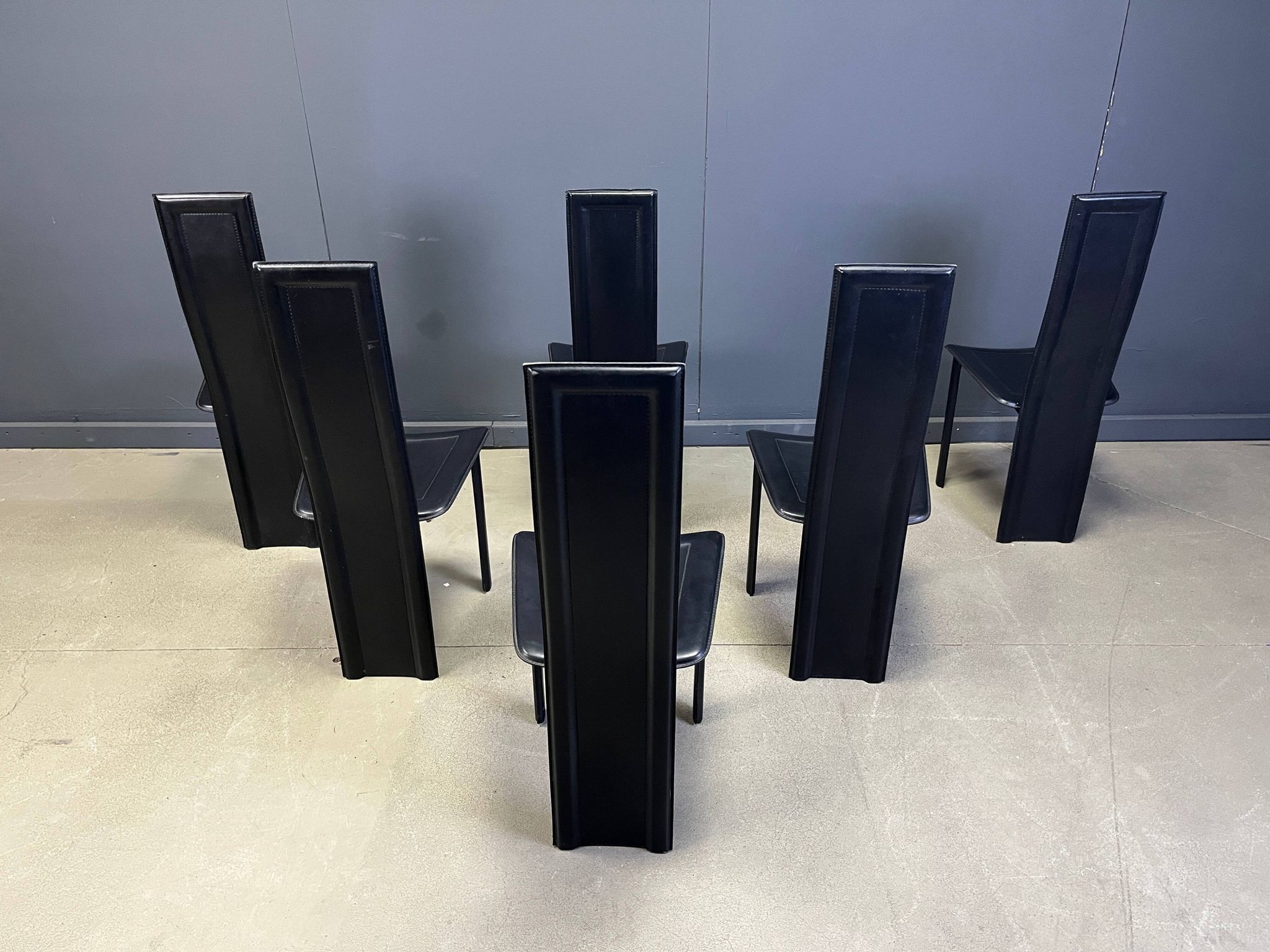 Vintage black leather dining chairs, set of 6, 1980s
