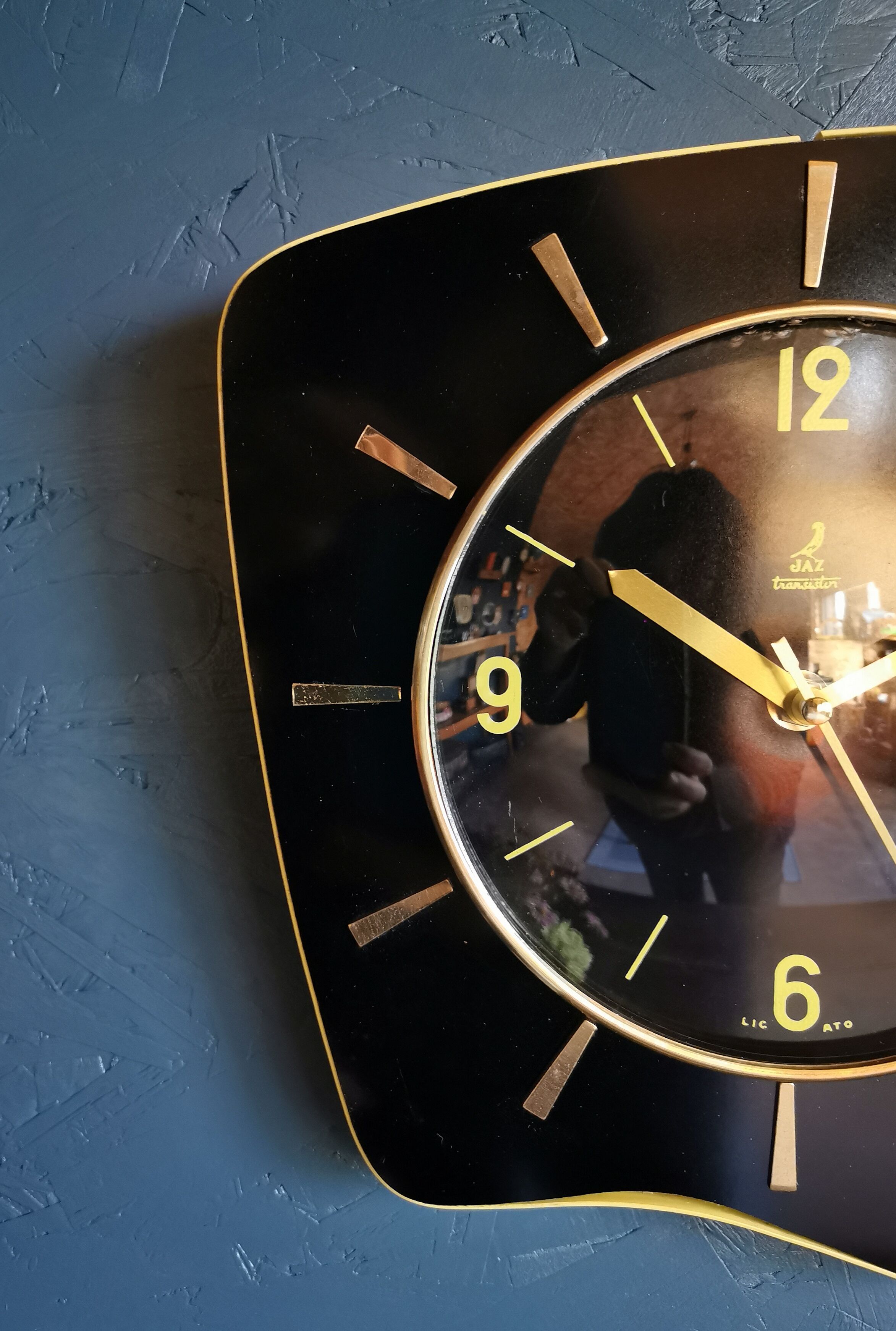 Vintage formica clock asymmetrical silent wall clock "Jaz black yellow"