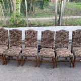 6 Louis XIV chairs made of solid wood with sheep bone and 19th-century floral fabric.