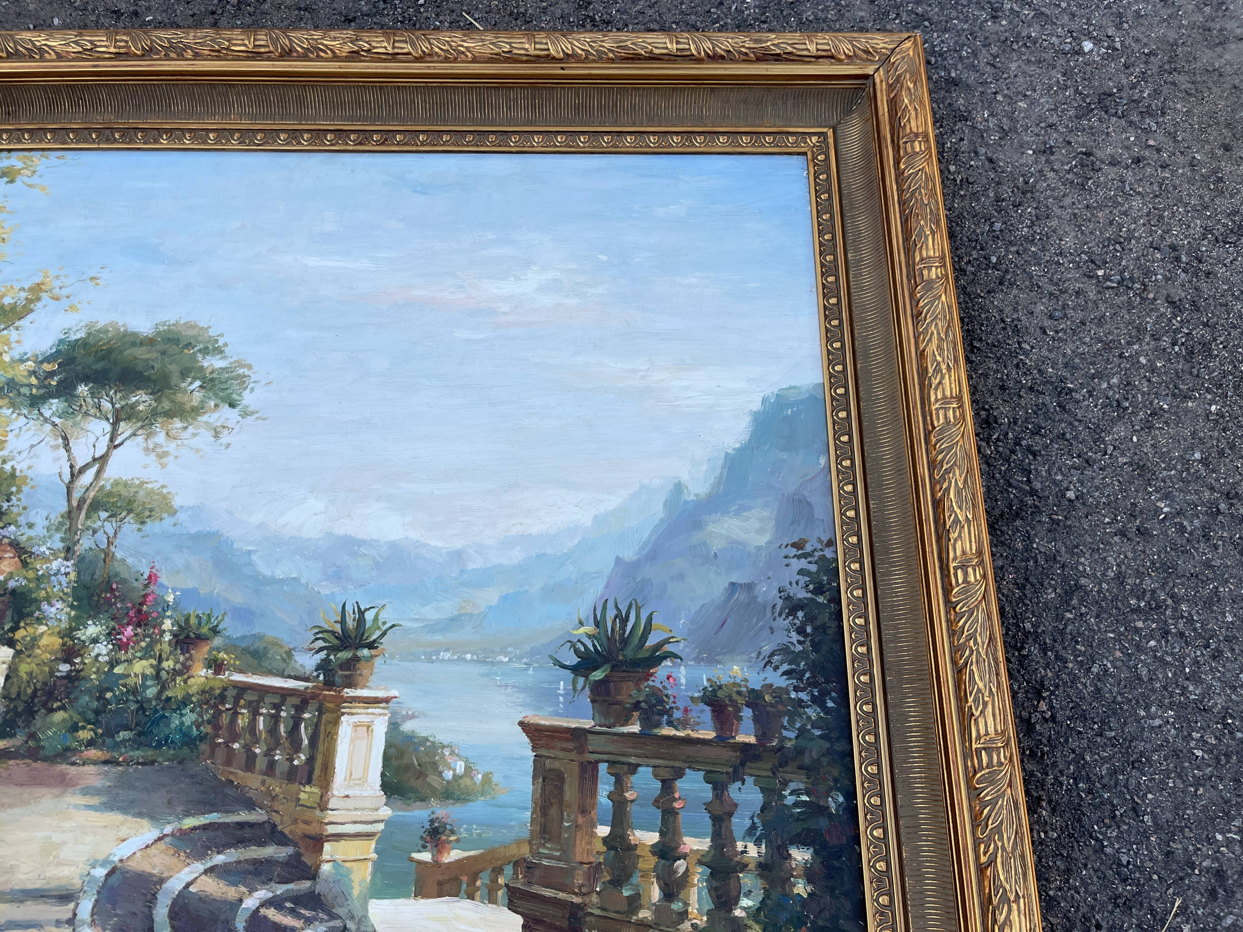Large oil on canvas, Mediterranean terrace by the lake, signed, gilded frame.